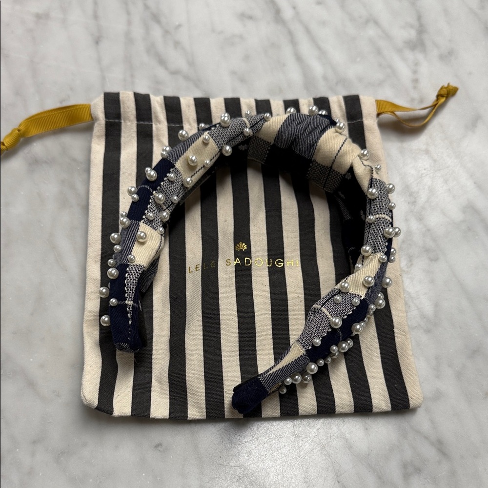 Lele Sadoughi Navy & Cream Knotted Pearl-Embellished Headband